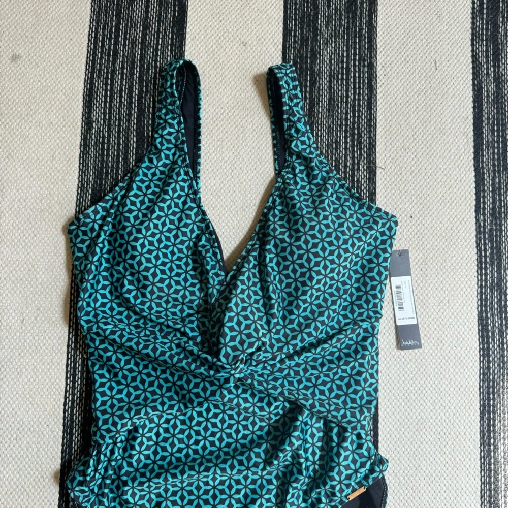 Nicole Miller New York Womens One Piece Twist Front Plunge in Green Tile Size 1x
